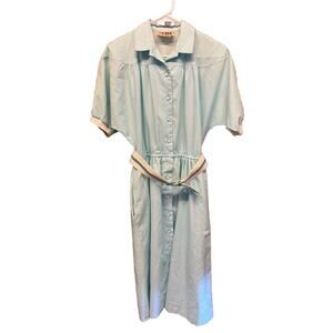 Vintage‎ 80s Belted Shirt Dress Woman's 10 Petite- Shoulder Pads - Blue & White